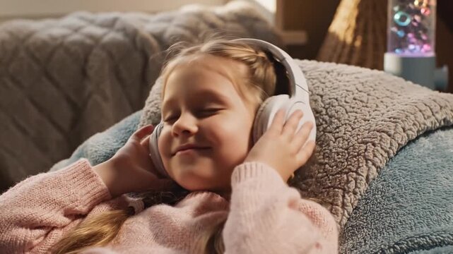 Serene young boy with autism spectrum disorder peacefully enjoying music through headphones with eyes closed in a cinematic slow motion portrait of calm sensory relaxation and mindfulness.