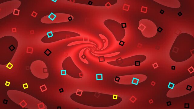 Abstract red background with a central swirling vortex and scattered colorful square outlines creating a dynamic and energetic visual.