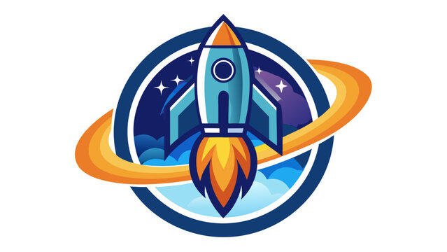 Space exploration logo featuring a rocket and earth isolated on white background, Vector