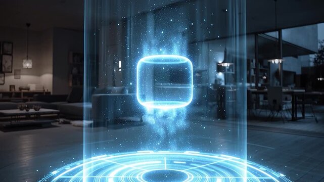 Holographic display of a futuristic cube in a modern living room
