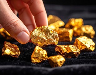 Close up of a hand holding a large golden nugget surrounded by smaller gold nuggets on a black textured surface with soft lighting.