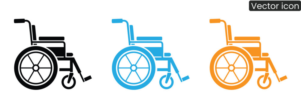 Vibrant wheelchair icons in black, blue, and orange for accessibility and healthcare designs