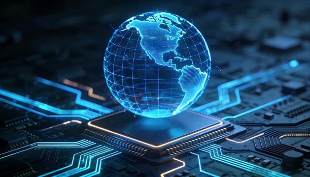 Hologram globe microchip circuit network technology data security connection futuristic motherboard, blue digital grid, virtual world map, innovation for computing cybersecurity motivation background