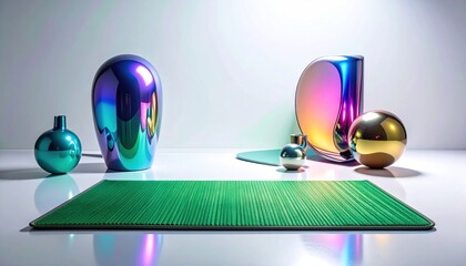 Still life of iridescent geometric shapes on a reflective surface, with green mat