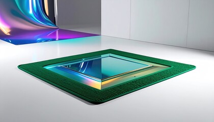A bright, square, glass-like object, framed in green, against a blurred, colorful backdrop