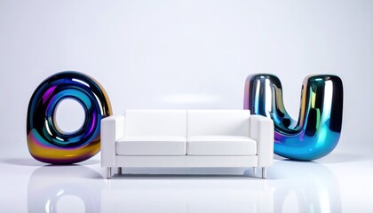 A white loveseat stands between iridescent letters against a bright white background