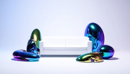 A white couch is surrounded by vibrant, iridescent, organic-shaped sculptures in a studio setting