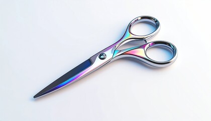 Shiny scissors with iridescent sheen on a bright white background, angled right
