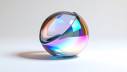 Iridescent glass orb, smooth surface, refracts light, floating with subtle shadow on a white ground