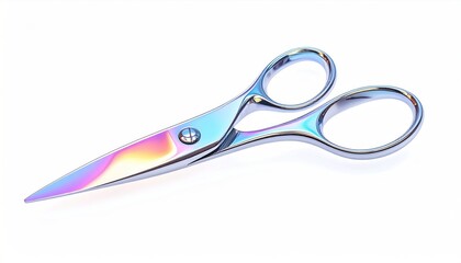 Iridescent scissors, sharp blades, and loops. Isolated, bright background. Reflecting light