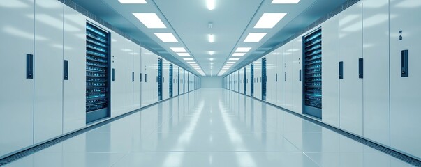 Fototapeta premium Modern IT data center corridor with white server racks and blue system lights, idea for cloud infrastructure, enterprise computing, and secure network operations