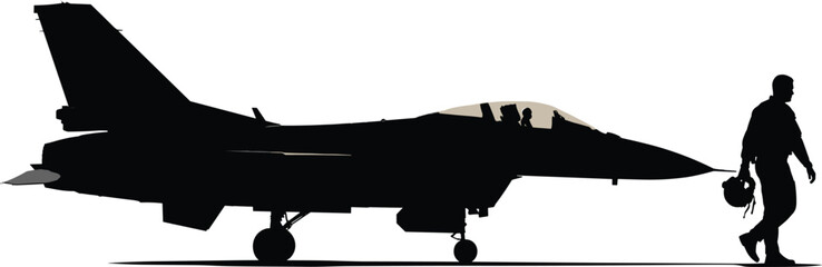 Military fighter jet silhouette on runway with pilot walking, air force aviation mission concept, modern combat aircraft vector illustration © MdNurAlam
