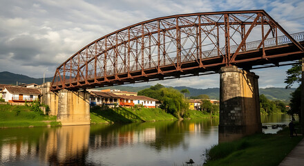 Obraz premium A majestic steel bridge spans over a calm river, connecting two lush green landscapes