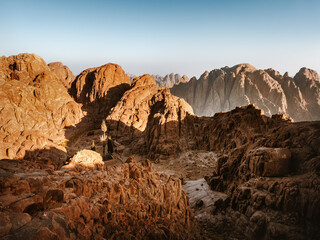 Obraz premium Mount Sinai mountains in Egypt rocky desert landscape sacred landmark historic pilgrim trail aerial view, travel destinations eco tourism biblical places
