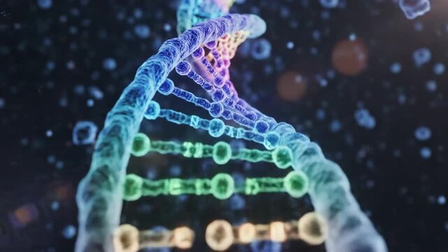 Colorful DNA helix with cells on dark background