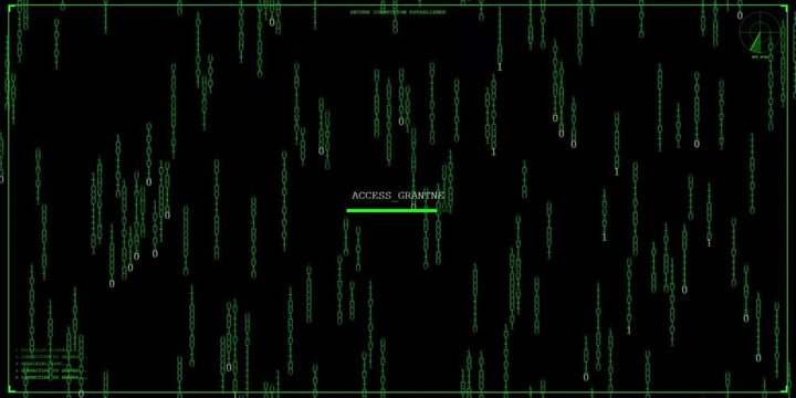 A hacker terminal screen displaying green code, symbolizing technology and security in a dark environment viewed from the front.