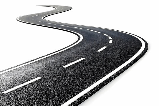 A winding asphalt road with white markings viewed from above on a plain background like 25918.JPG