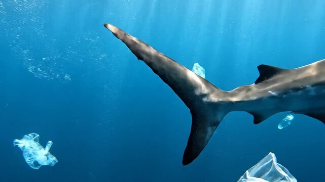 Shark entangled in plastic pollution in ocean, highlighting environmental issue