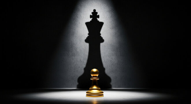 Golden pawn chess piece casting a royal king shadow under spotlight on dark background