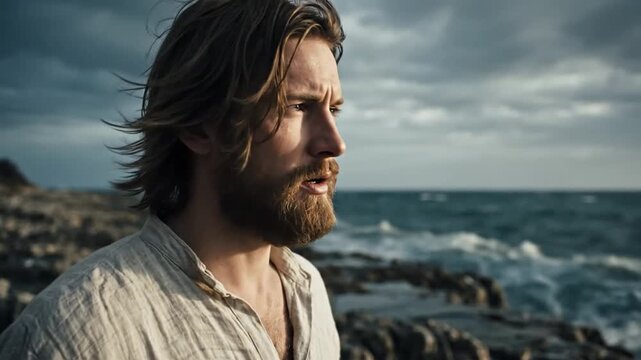 A thoughtful merchant gazes at the vast horizon while standing on a tranquil shore, reflecting on existence during a dramatic sunset captured in high definition cinematic motion.