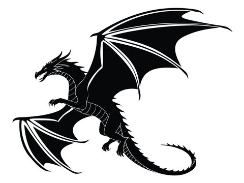 Adobe Ill Dragon Silhouette Flying and Roaring Dragon Vector Collection, Mythical Fantasy Creature Wings Logo Icon, Medieval Tattoo Style Isolated on Whiteustrator Artwork