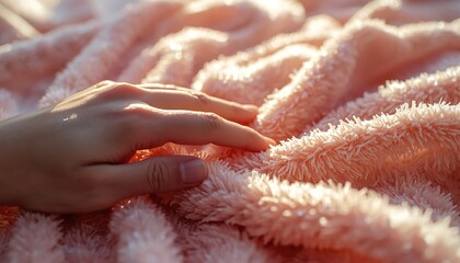 Macro photography of a hand stroking fluffy peach colored sherpa fleece material