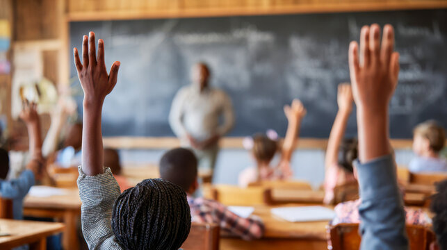 Students raise hands during a lesson in a classroom in the afternoon at a local school
