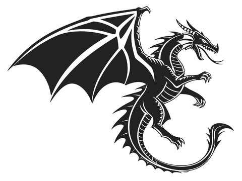Adobe Ill Dragon Silhouette Flying and Roaring Dragon Vector Collection, Mythical Fantasy Creature Wings Logo Icon, Medieval Tattoo Style Isolated on Whiteustrator Artwork