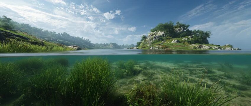 Split shot of a crystal clear lake with lush green grass underwater and beautiful mountains under a blue sky, pristine wilderness landscape.