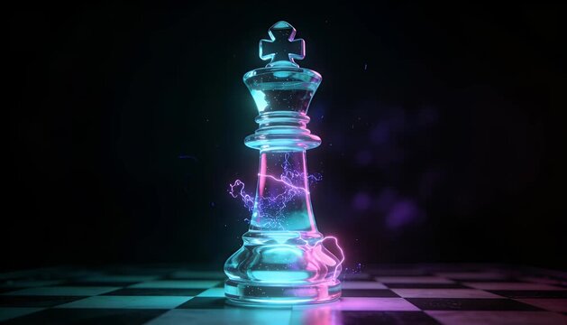 King chess piece neon glass electricity over dark chessboard strategy leadership power mood cinematic glow electric light reflections futuristic motivation video background energy copy space