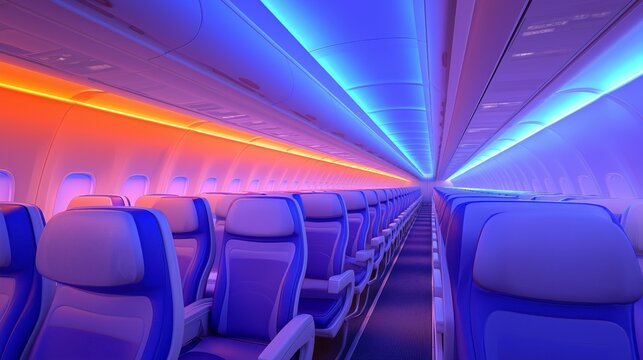 The inside of an airplane with blue and purple seats and a blue ceiling