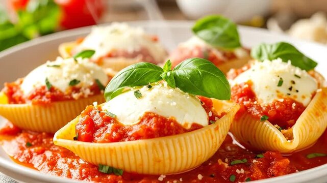 Delicious stuffed pasta shells with tomato sauce, mozzarella cheese, and fresh basil leaves, ready to eat.