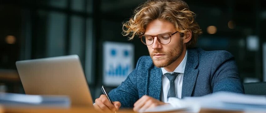 A businessman is at his office, reviewing records and reports. He examines data charts on a laptop in a neat workspace, demonstrating focus and meticulous preparation.
