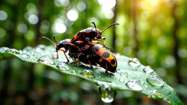 Two beetles on leaf with water drops