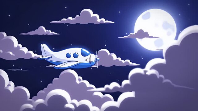 Blue and white cartoon airplane flying through night sky with moon