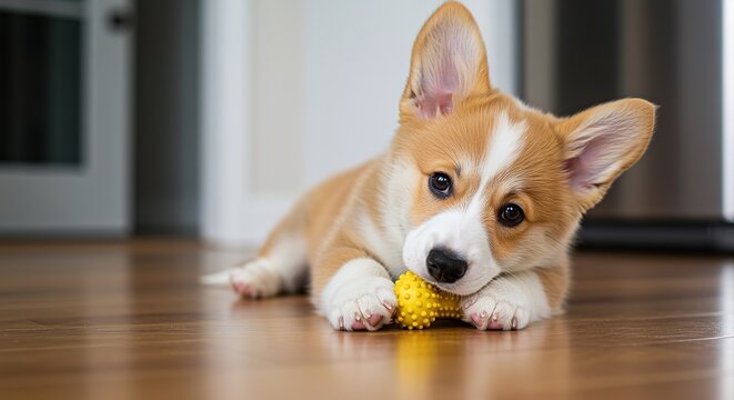 Corgi puppy playing with yellow rubber toy on wooden floor in home interior  adorable pet dog lying down