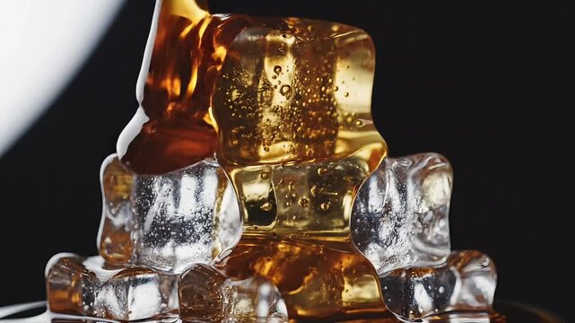 A man stacks whiskey ice cubes on a table indoors with liquor
