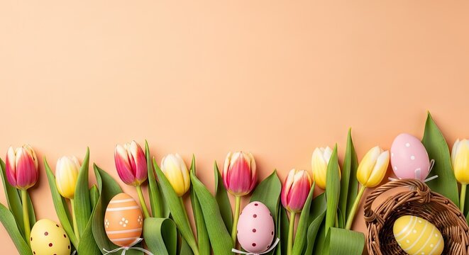 Happy easter wishes with colorful tulips and easter eggs decoration