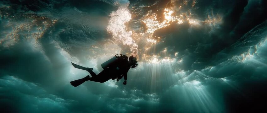Sunlight pierces the dark teal water from above, suspending the diver underwater.