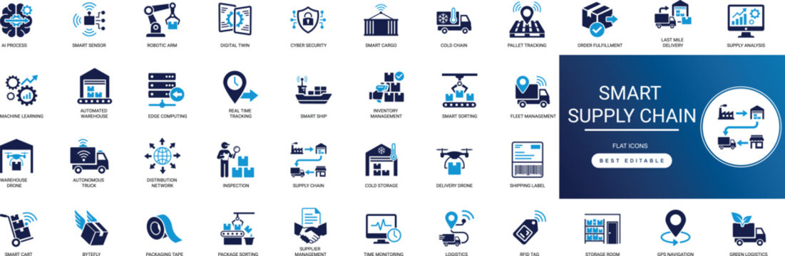 smart supply chain solid icon set logistics, shipping, tracking, shipment, gps, iot, global, navigation, distribution, automation, digital, warehouse professional vector set editable