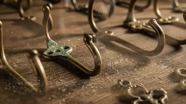 Antique Brass Coat Hooks and Ornate Key Collection on Wooden Surface.