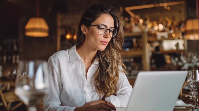 A woman working on her laptop in a restaurant with wine glasses on the table
