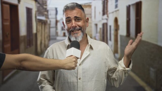 Man speaking into handheld microphone gesturing with hand during street interview in an old town lane; confident local voice.