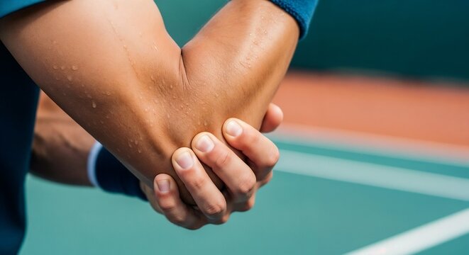 Close-up of a sweaty tennis player clutching his arm in pain due to tennis elbow injury. Sports medicine concept showing lateral epicondylitis and tendonitis symptoms on a court background.