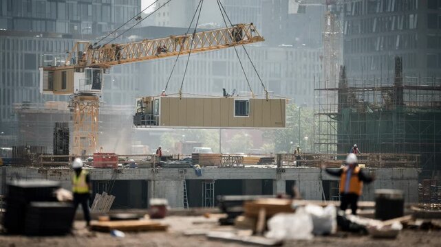 Medium shot of a crane lifting a modular prefab unit with sharp focus on the cabin blurred construction crew working below on an urban building lot.