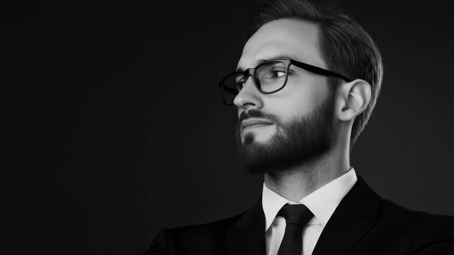 Confident man in black suit poses for a powerful portrait in a studio setting with a dark background