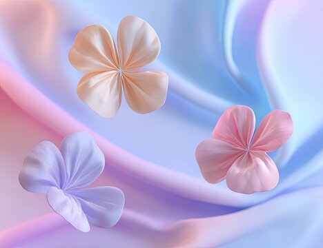 Delicate three-petal flowers floating against soft, flowing, pastel-colored fabric