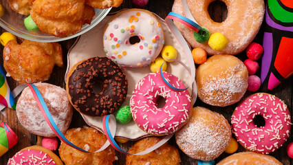assortment of donut glazed and carnival decoration