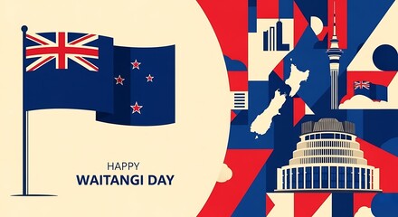 Celebrating waitangi day with national flags and symbols of new zealand