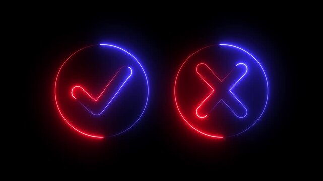 glowing neon Tick or check mark  icon  on Black Background . right and wrong animated neon icons, False and true. Correct and incorrect, "Minimal neon Check Mark and Cross Icon in Circle .